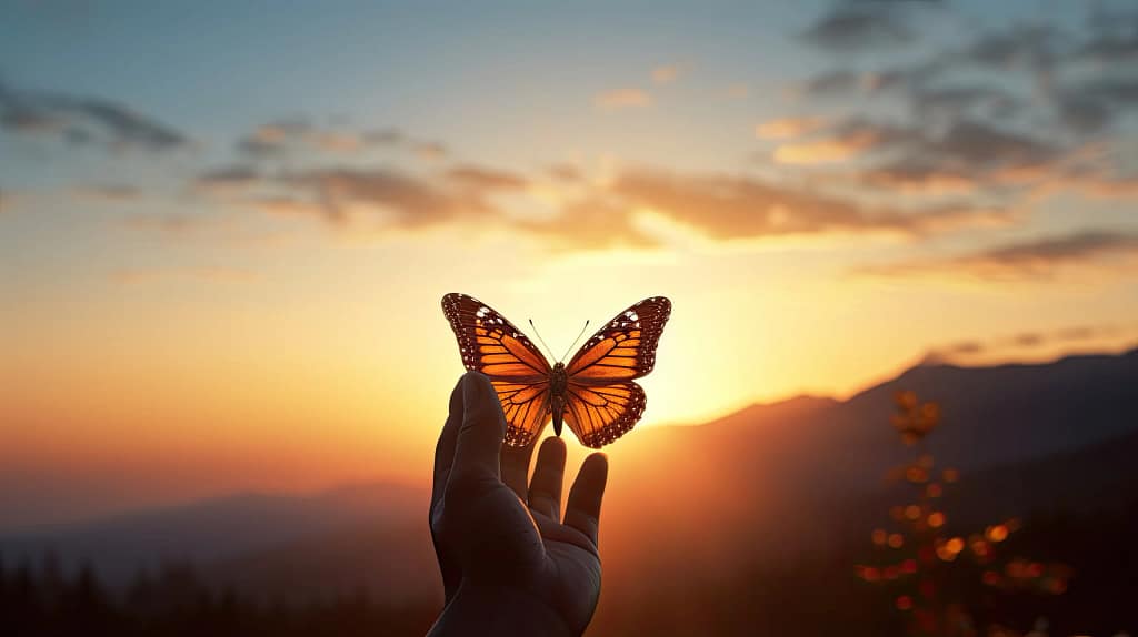 Papillon lumineux au coucher du soleil représentant la transformation personnelle et la métamorphose intérieure